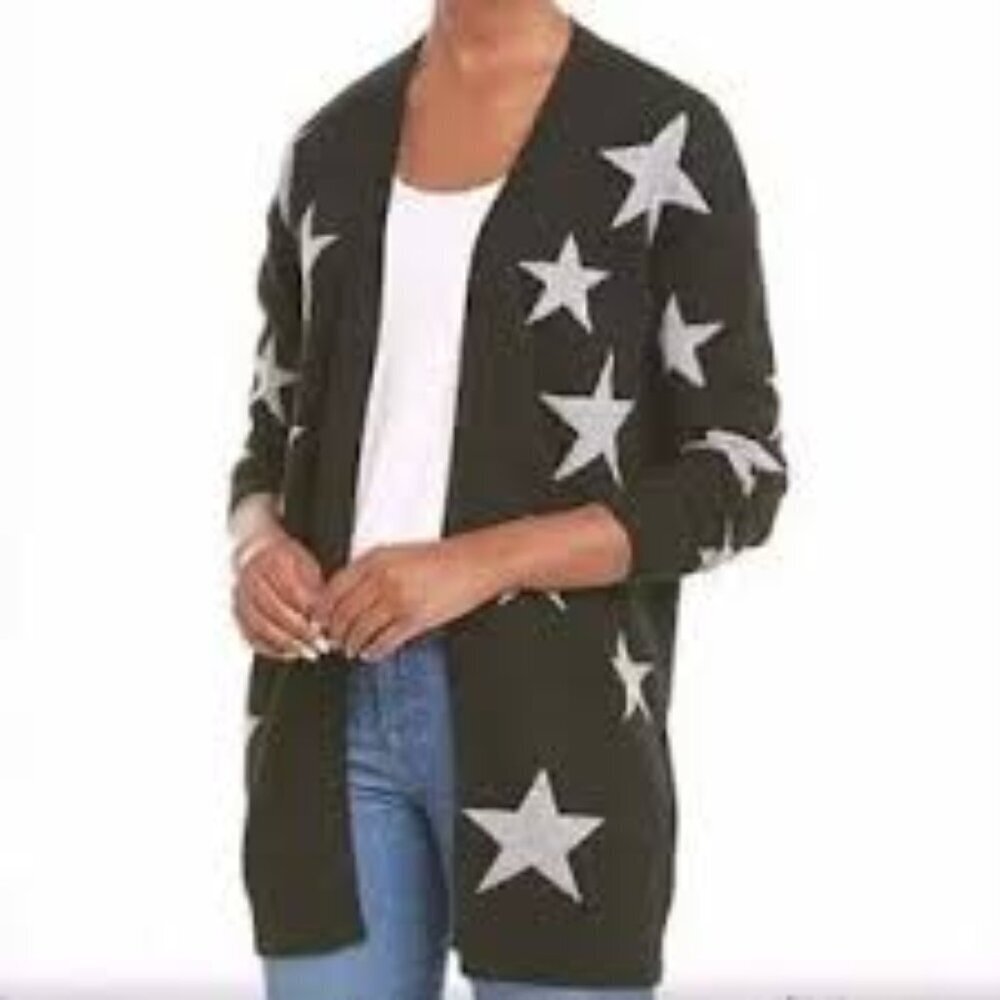 Philosophy 100% Cashmere Charcoal And White Stars Open Front Long Wool Cardigan